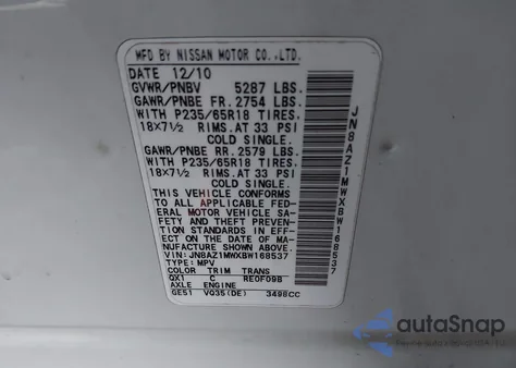 2011 Nissan Murano Sv z USA, uszkodzony, nr VIN JN8AZ1MWXBW168537